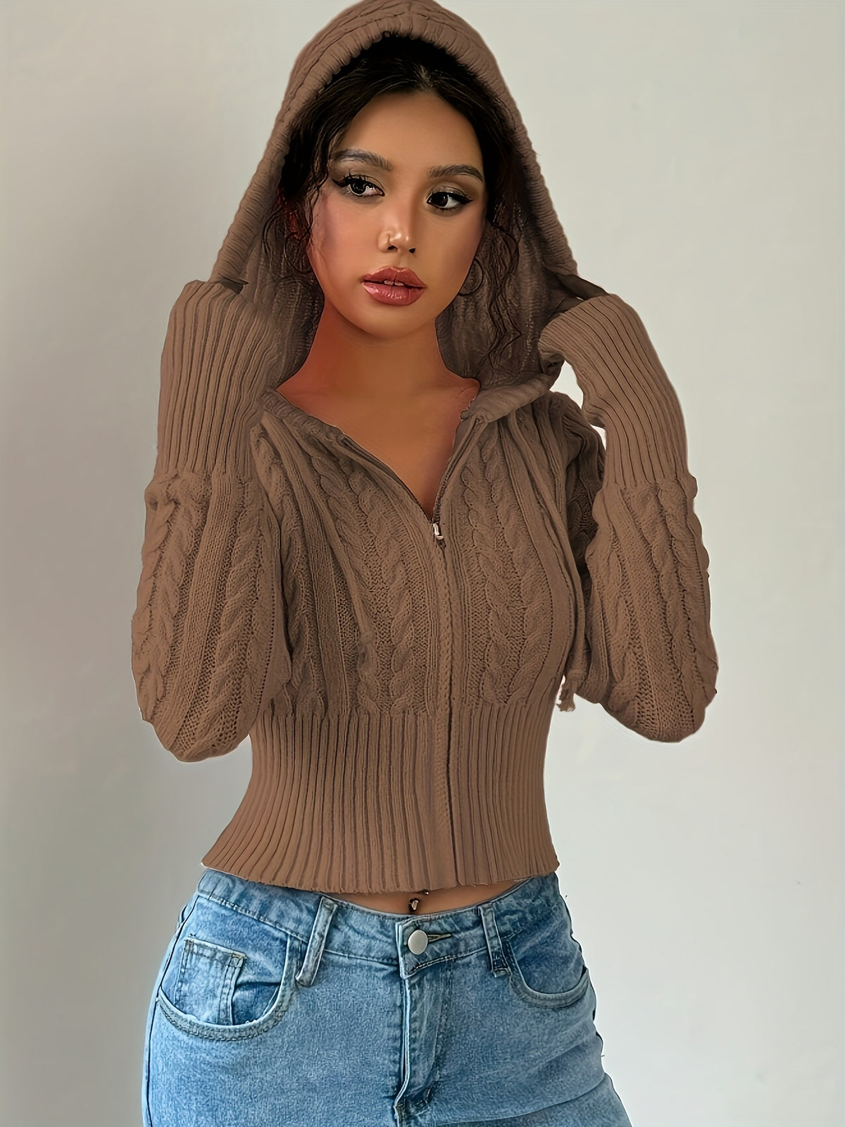 Gilet zippé à capuche élégant – Tricot torsadé, couche chaude