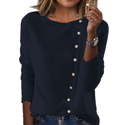 Women’s Elegant Button Sweater – Round Neck Long Sleeve Knit Top