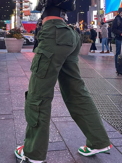 Pantalones cargo retro Y2K para mujer – Cintura alta, pierna ancha, estilo urbano