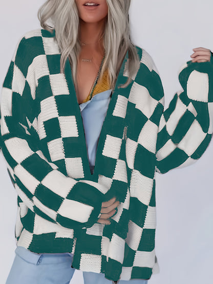 Cardigan vichy rouge et blanc – Pull en maille douillet pour femme automne/hiver