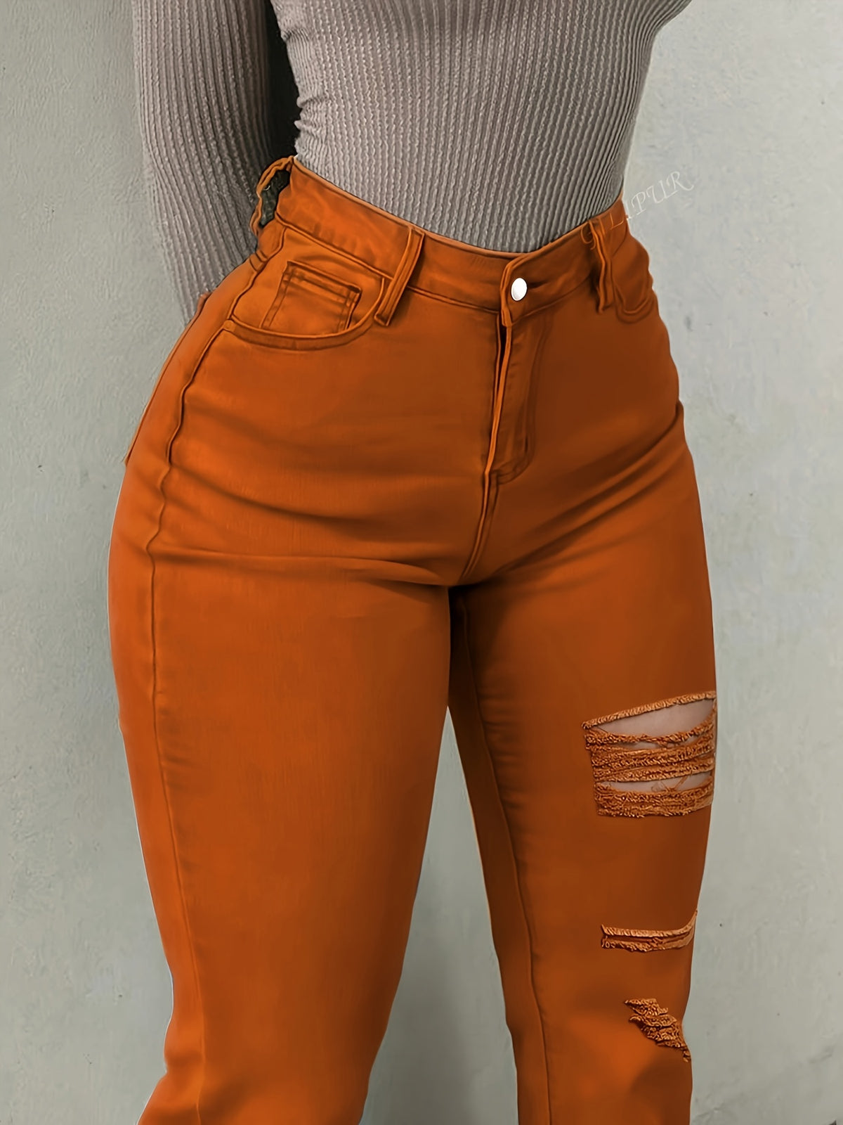 Women’s Vibrant Orange Distressed Flare Jeans – High-Waist Bootcut