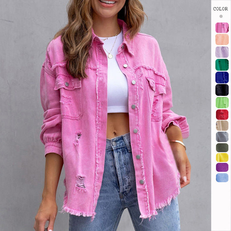 Veste chemise déchirée Loom & Soul pour femme – Haut décontracté ample boutonné pour le printemps et l'automne