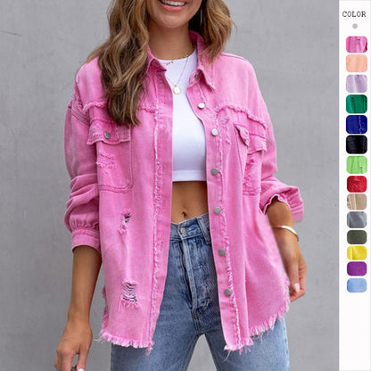 Veste chemise déchirée Loom & Soul pour femme – Haut décontracté ample boutonné pour le printemps et l'automne