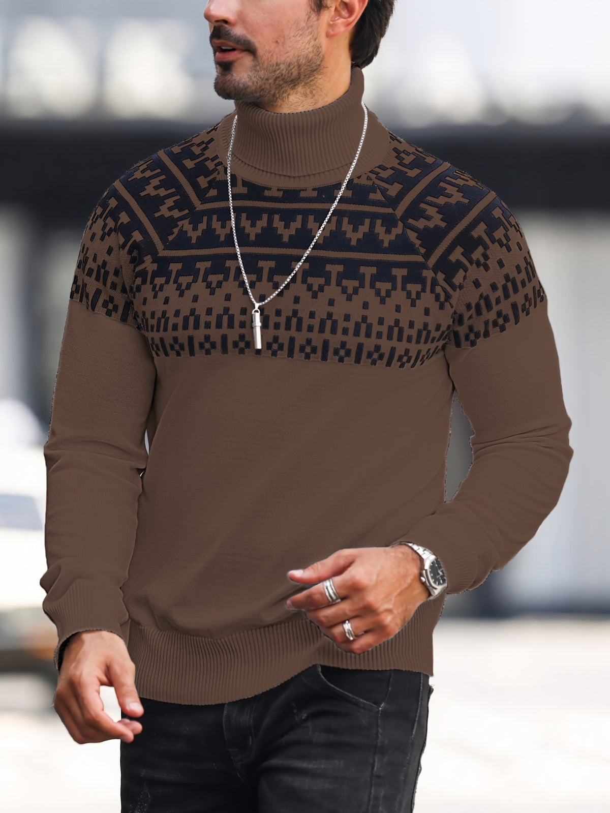 Men’s Geometric Turtleneck Sweater – Casual Knit Pullover for Fall & Winter