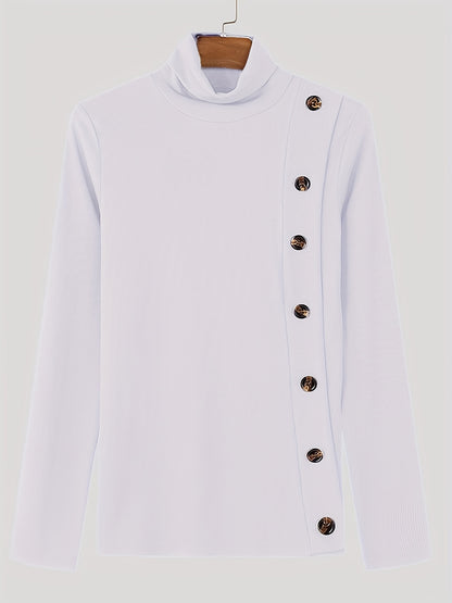 Men’s Slim Turtleneck Base Layer – Button Detail Knit Shirt