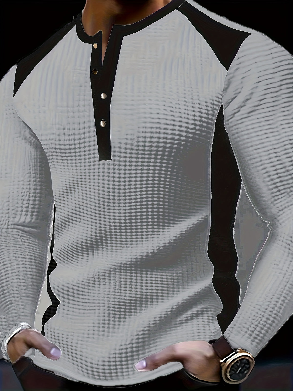 Men’s Waffle Henley Shirt – White & Black All-Season Button Top