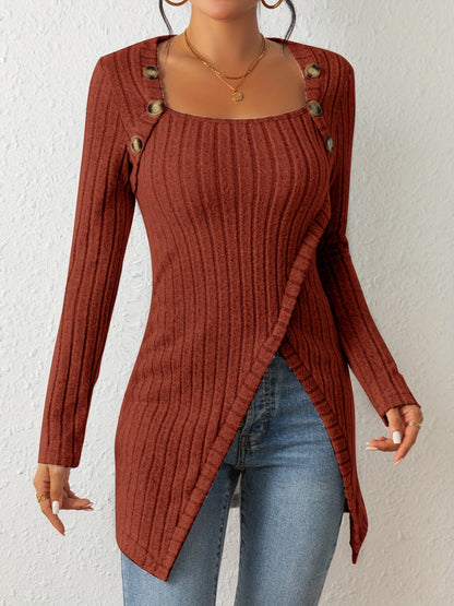 T-shirt en maille ajusté pour femme – Haut à manches longues et col carré