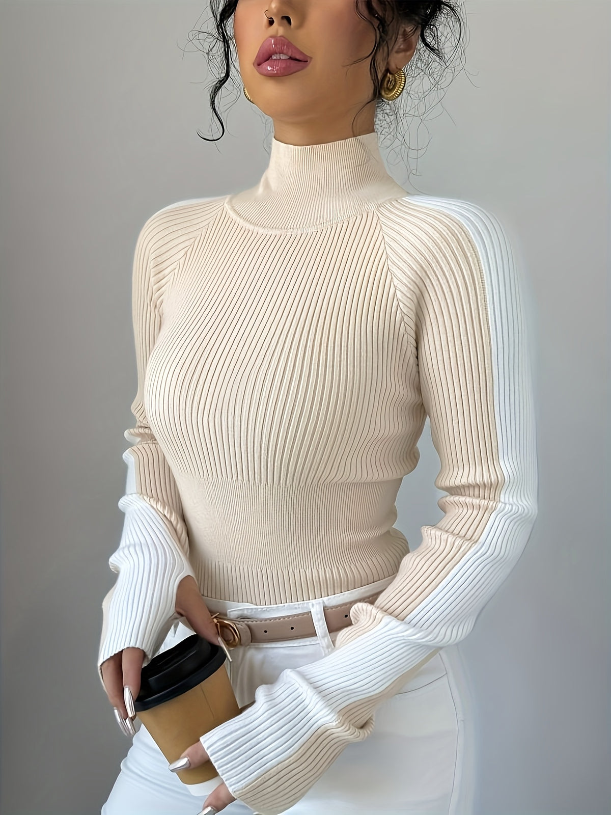 Women’s Color Block Turtleneck Sweater – Elegant Soft Knit Top