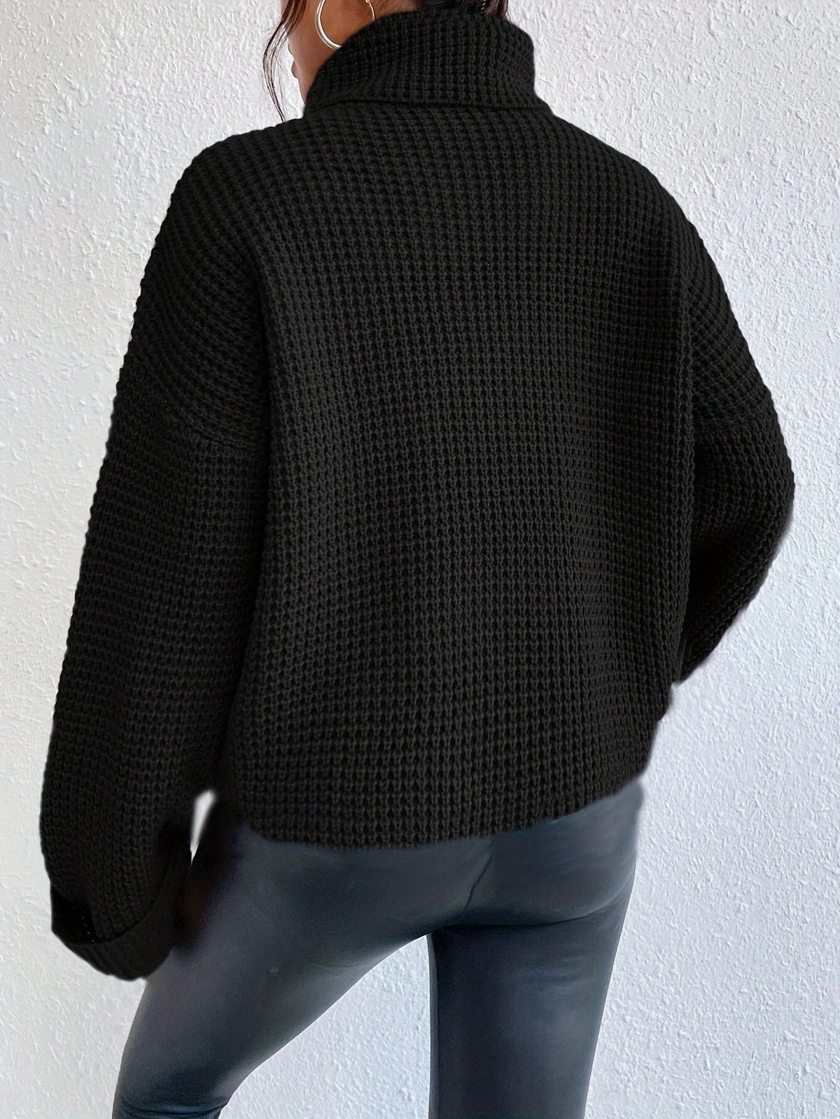 Women’s High-Neck Drop Shoulder Waffle Sweater – Vibrant Blue Knit