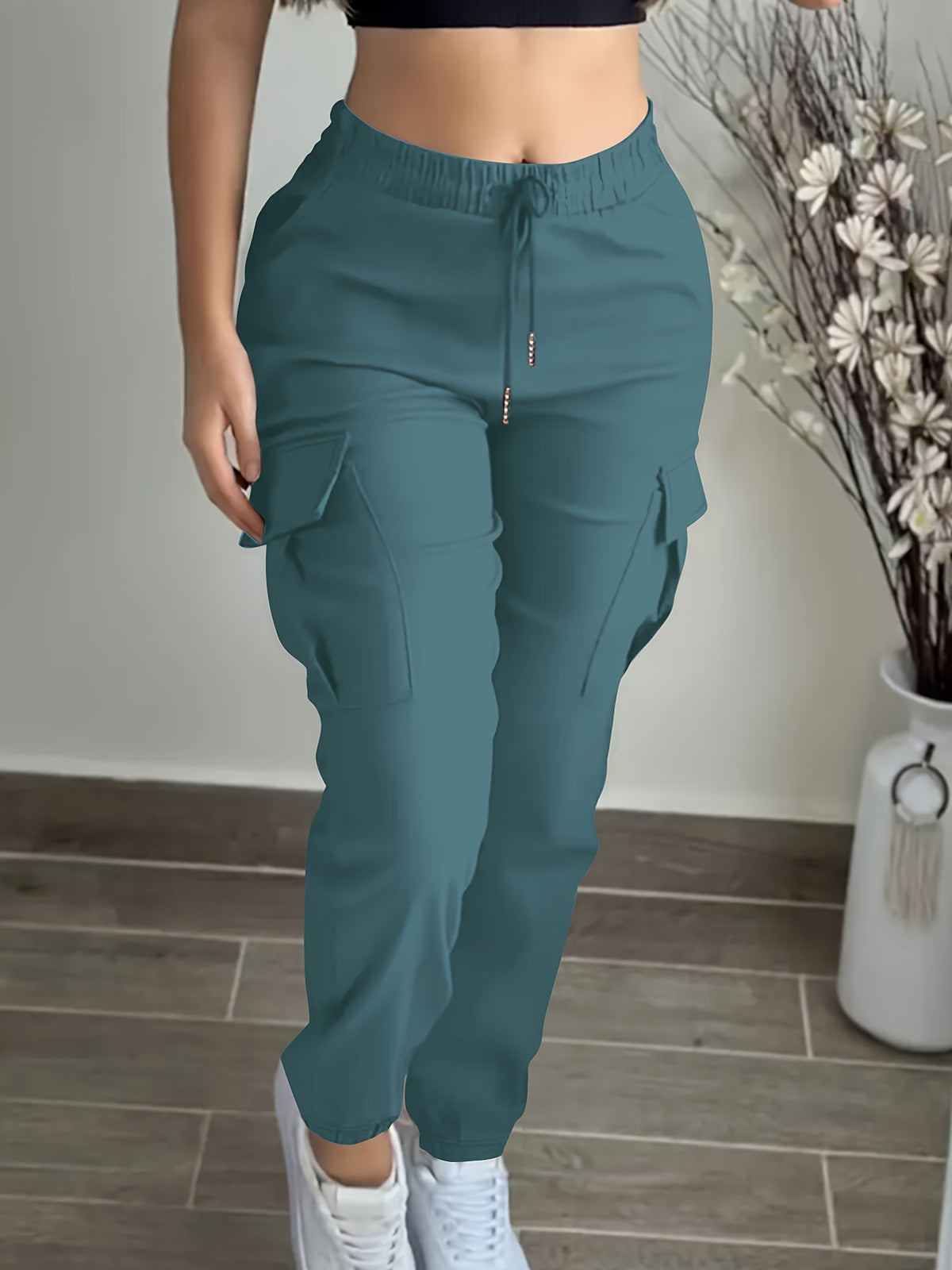 Women’s Black Cargo Pants – Elastic Drawstring Workwear Trousers