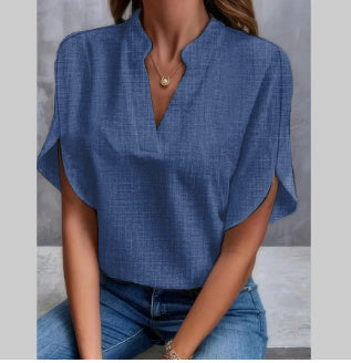 Loom & Soul™ V-Neck Chiffon Blouse – Women’s Elegant Short-Sleeve Summer Top