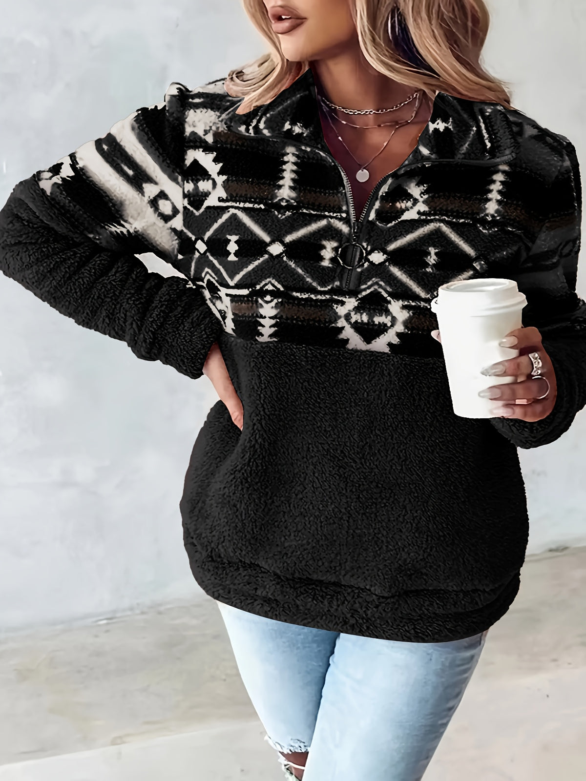 Sweat-shirt Teddy à motif géométrique – Pull polaire demi-zippé pour l'automne et l'hiver