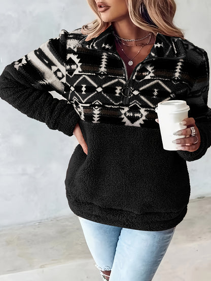 Sweat-shirt Teddy à motif géométrique – Pull polaire demi-zippé pour l'automne et l'hiver