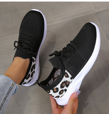 Loom & Soul Leopard Print Lace-Up Sneakers – Women’s Casual White Sports Shoes with Round Toe