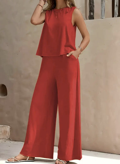 Women’s Linen Two-Piece Set – Sleeveless Top & Loose Pants Outfit
