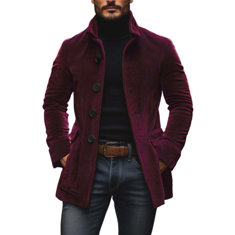 Men’s Corduroy Stand Collar Jacket – Slim Fit Button Casual Coat