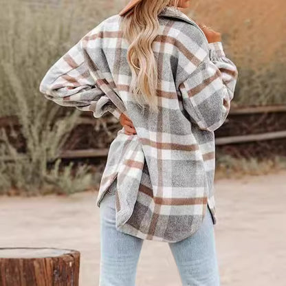 Women’s Plaid Buckle Jacket – Casual Loose Fit Coat