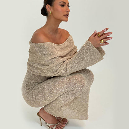 Robe longue en maille à une épaule – Robe de plage élégante à manches longues