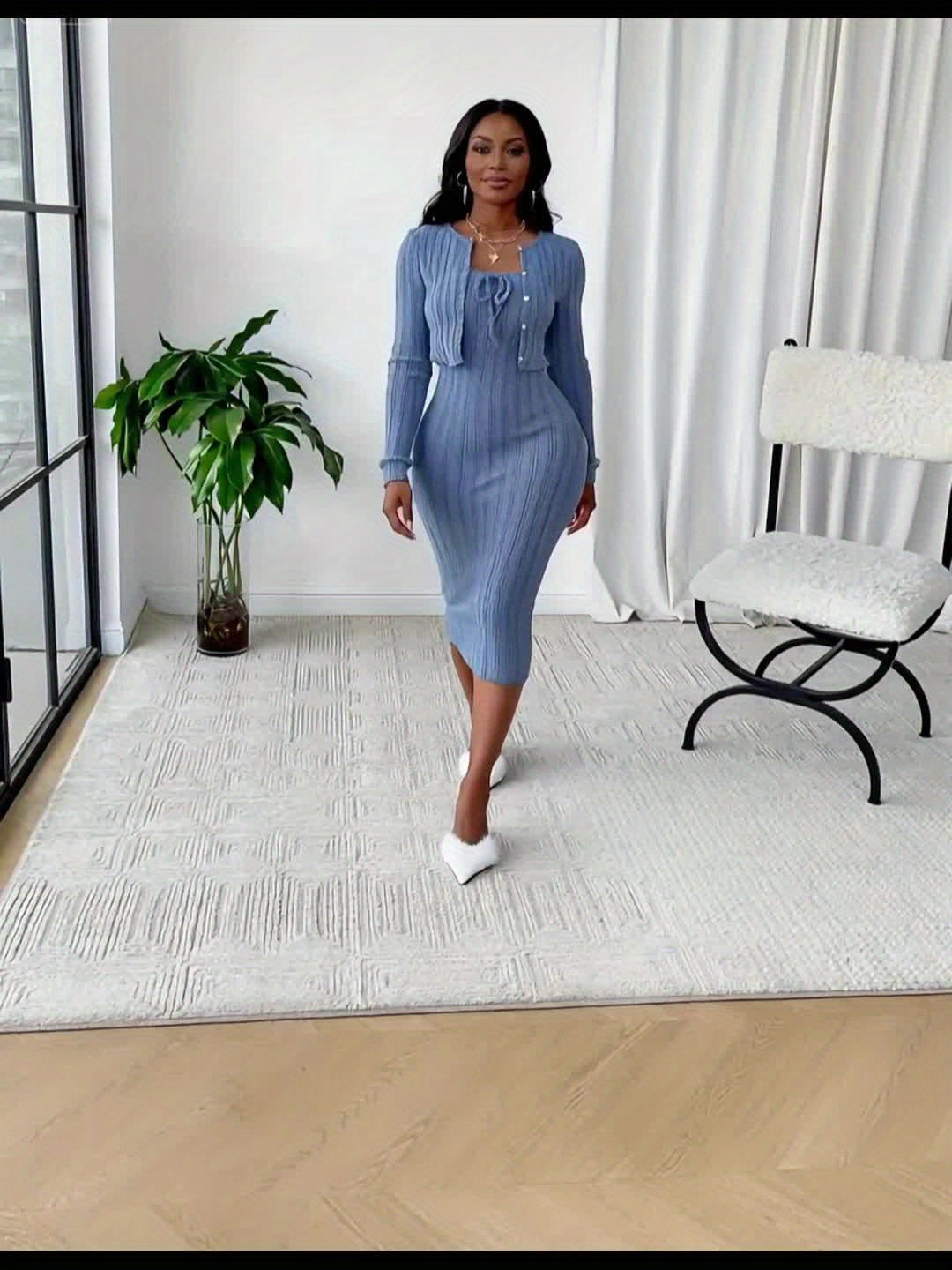 Women’s Two-Piece Bow-Tie Dress Set – Textured Dress & Short Jacket