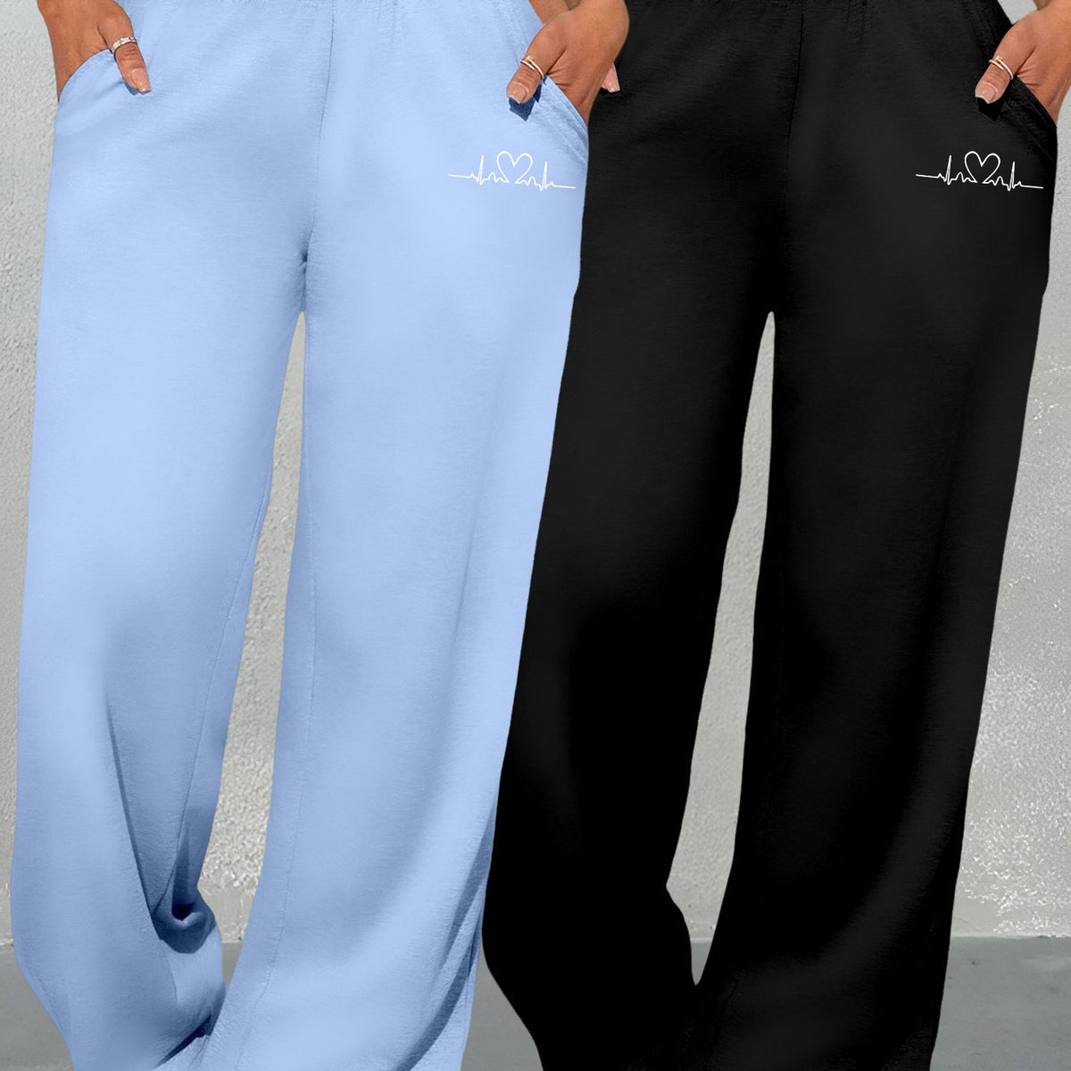 Ensemble deux pièces imprimé cœurs géométriques pour femme – Pantalon large taille haute