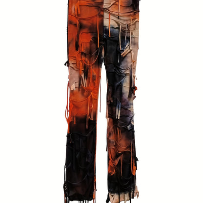 Tie-Dye Mesh Flare Pants – High-Waisted Fringe Detail Semi-Sheer Trousers