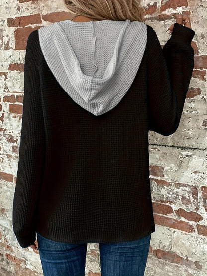 Women’s Color Block Hoodie – Button-Front Drawstring Casual Sweatshirt