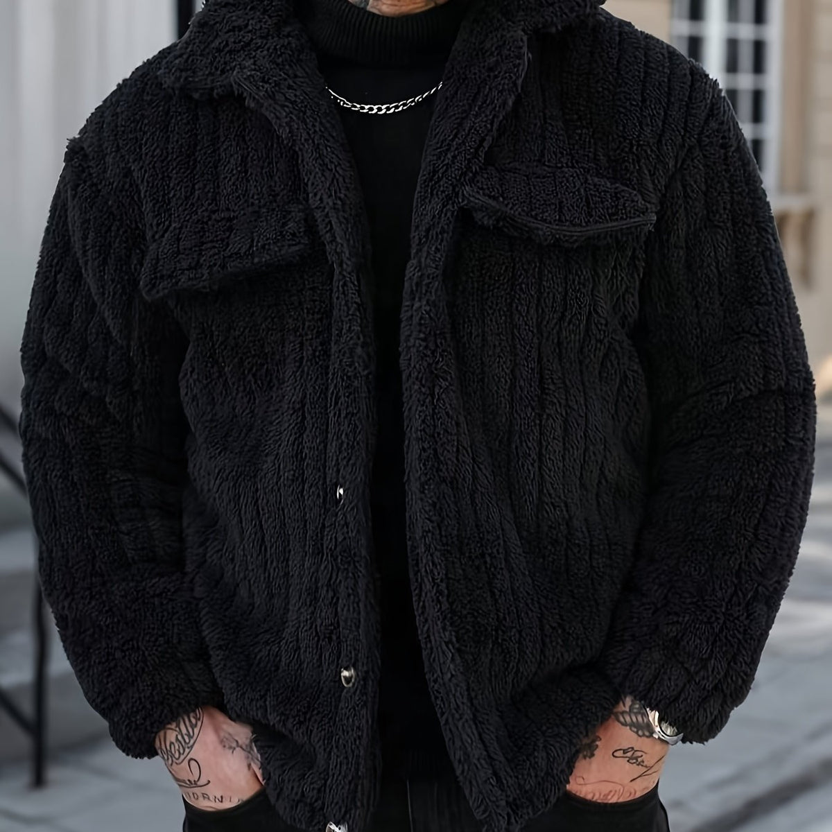 Men’s Flannel Button Jacket – Winter Casual Lapel Coat