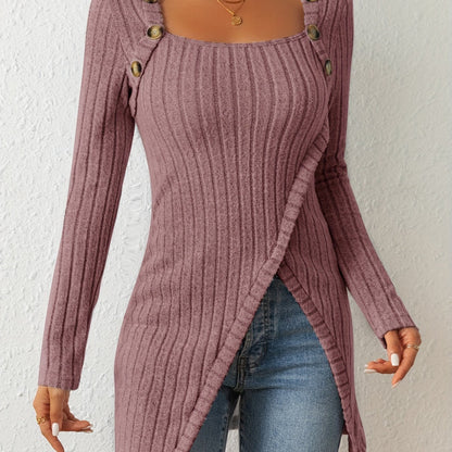 T-shirt en maille ajusté pour femme – Haut à manches longues et col carré