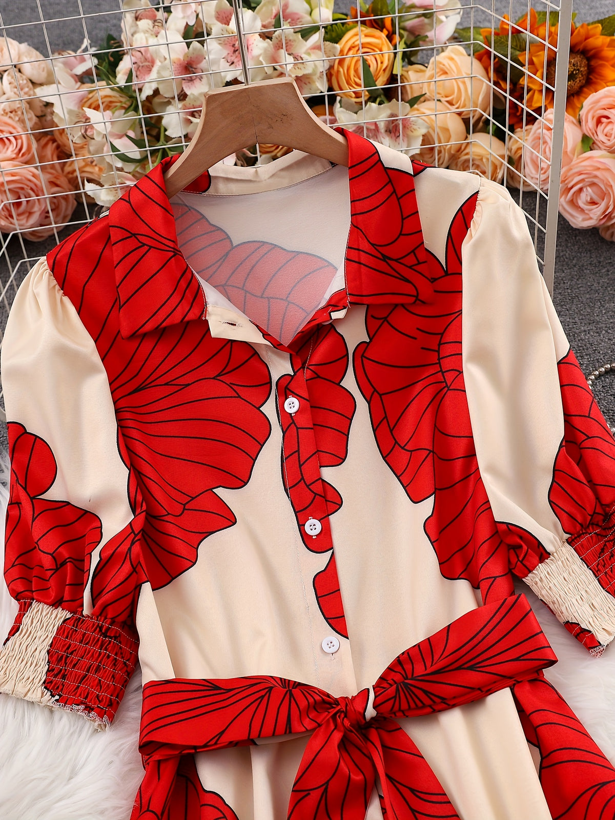 Robe longue chemise fleurie à nouer à la taille – Robe élégante à manches longues et coupe trapèze