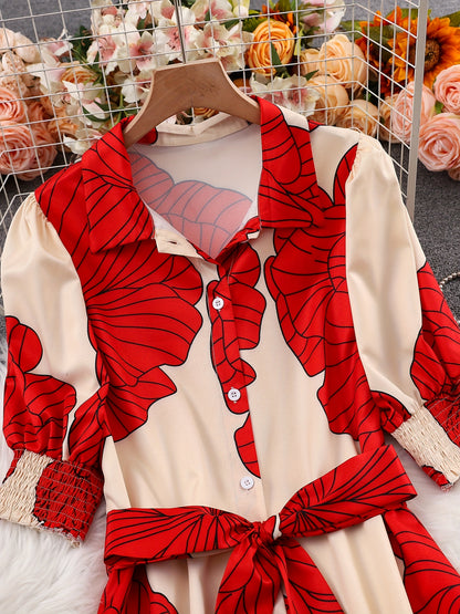 Robe longue chemise fleurie à nouer à la taille – Robe élégante à manches longues et coupe trapèze