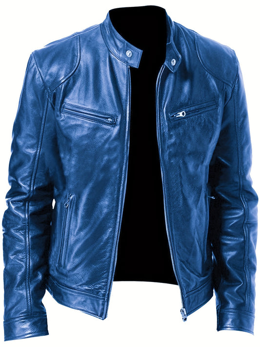 Men’s Full-Zip Motorcycle Jacket – Brown PU Leather Stand Collar Coat