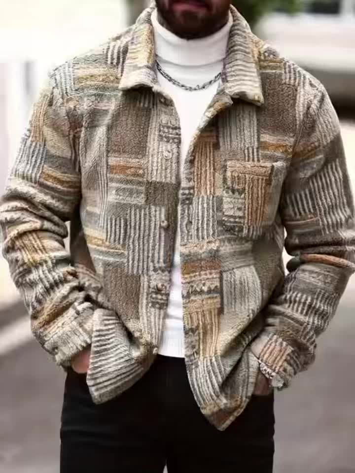 Men’s Retro Geometric Fleece Jacket – Vintage Button-Up Shirt Jacket