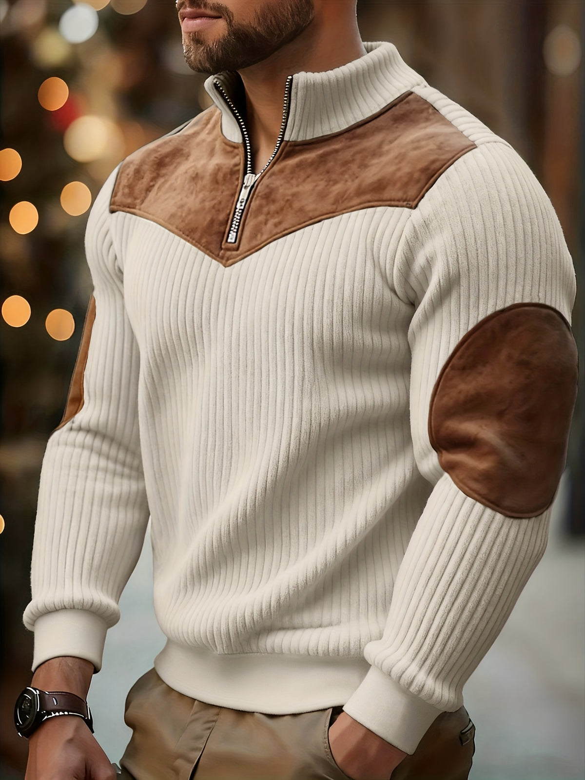 Pull Homme Demi-Zip Col Droit – Sweat Rétro Chaud et Côtelé