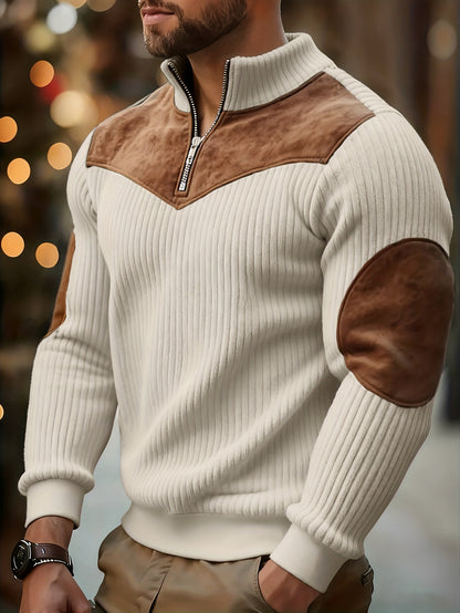Pull Homme Demi-Zip Col Droit – Sweat Rétro Chaud et Côtelé