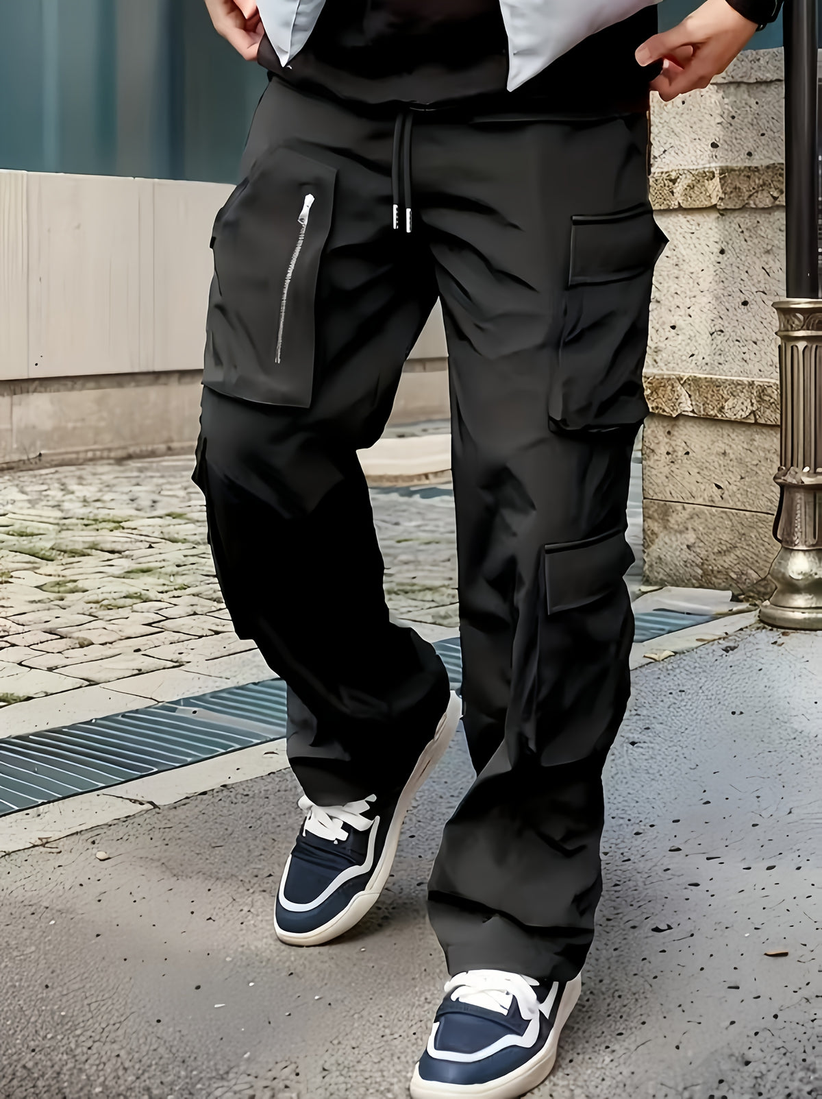 Pantalon cargo noir pour homme – Jogging d'extérieur coupe ample multi-zips pour le printemps/l'automne