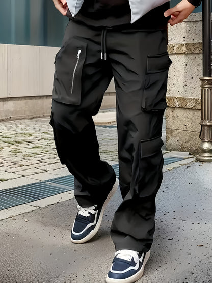 Pantalon cargo noir pour homme – Jogging d'extérieur coupe ample multi-zips pour le printemps/l'automne