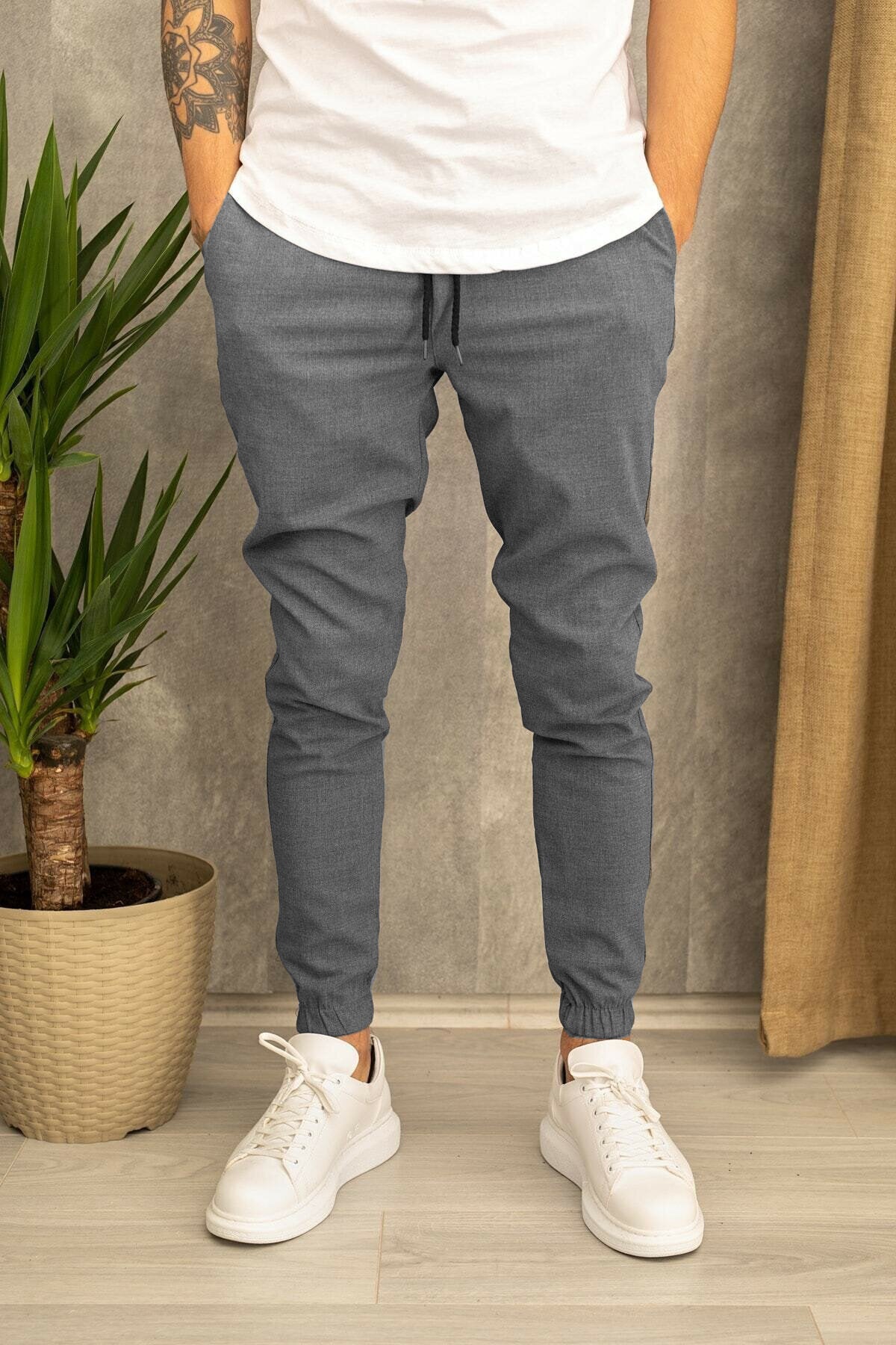 Pantalon décontracté en tissu de costume pour homme Loom & Soul – Pantalon cigarette coupe slim avec ceinture et taille mi-haute pour toutes les saisons