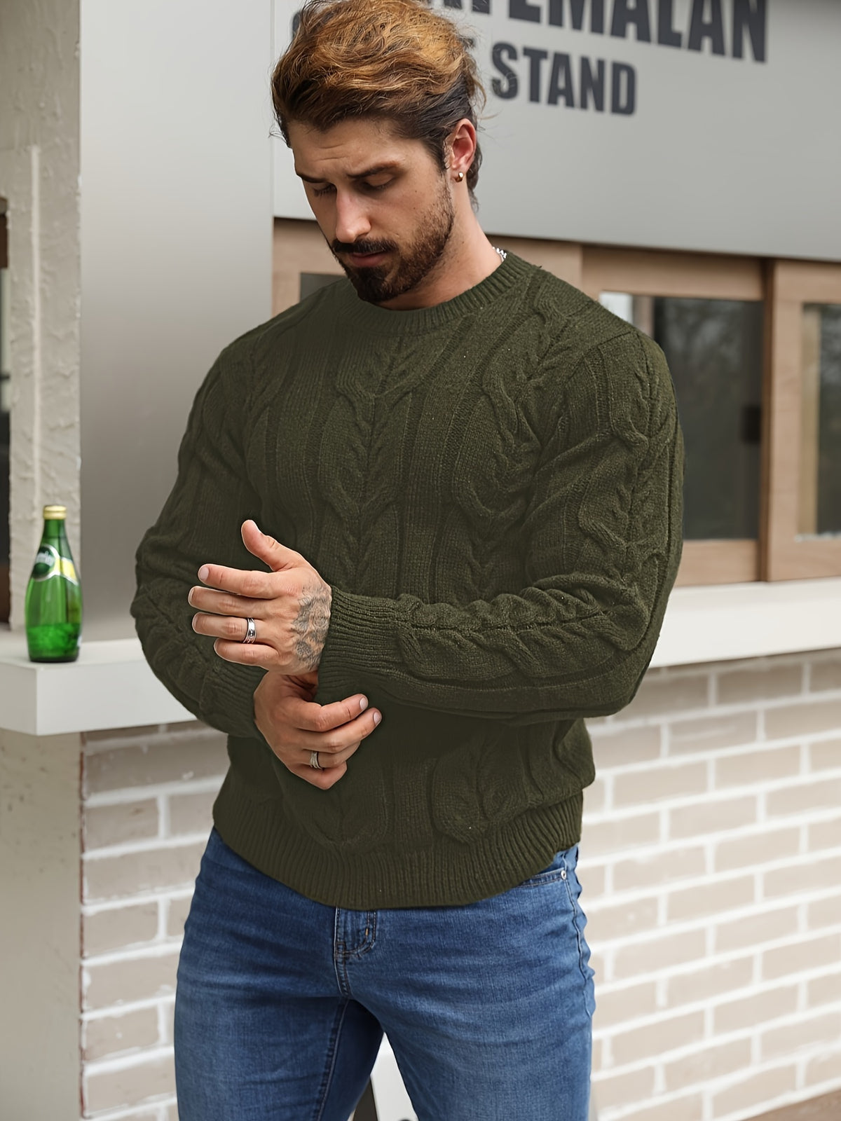 Suéter de punto a rayas para hombre – Suéter suave con cuello redondo y ribete acanalado
