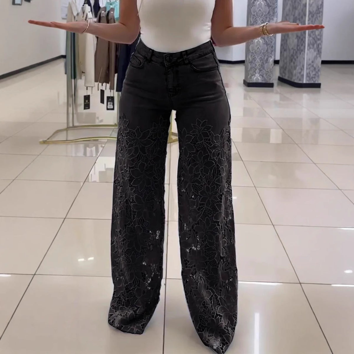 Jean évidé en dentelle Loom & Soul™ Y2K – Pantalon taille haute pour femme avec détails découpés floraux
