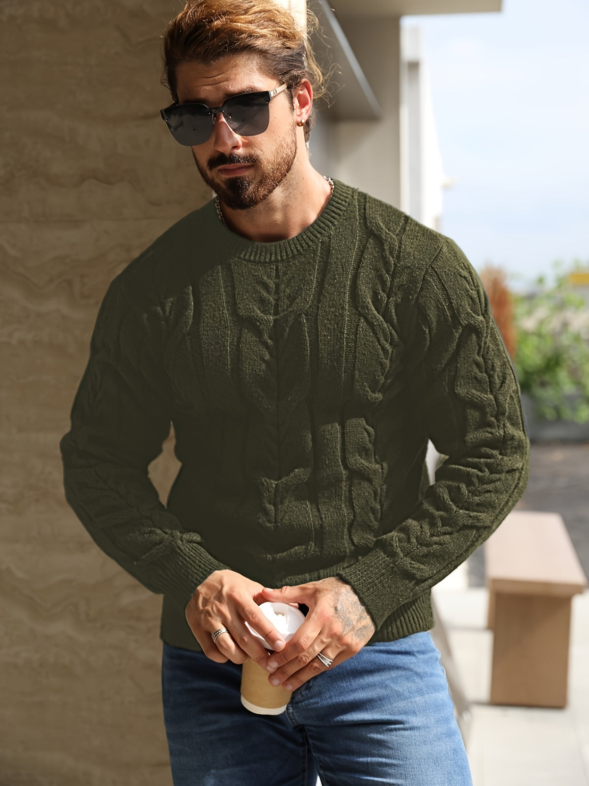 Suéter de punto a rayas para hombre – Suéter suave con cuello redondo y ribete acanalado