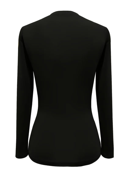 Haut noir élégant à manches longues – T-shirt col rond boutonné doré