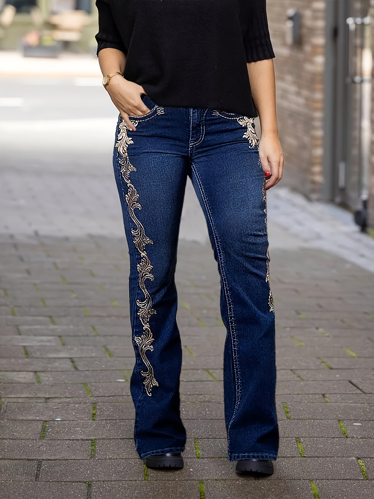 Vaqueros Flare para Mujer – Acampanados Azul Oscuro con Diseño Estampado Lateral