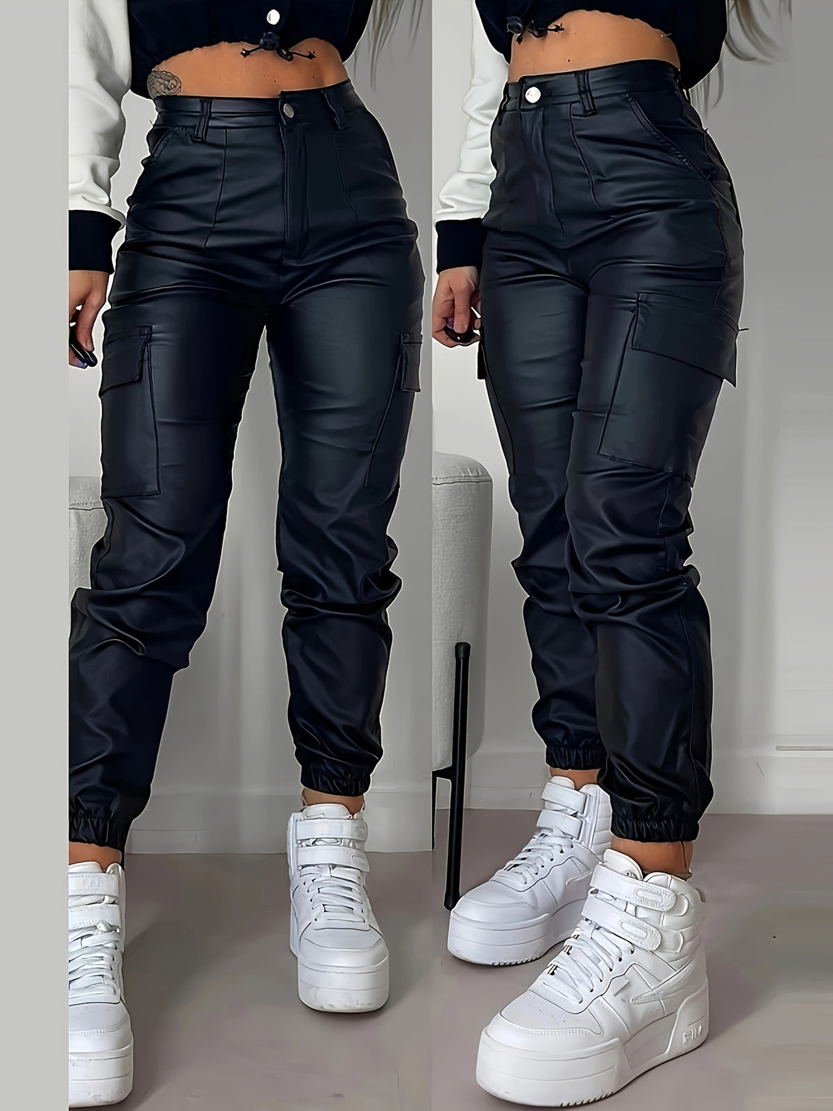 Jean Cargo Taille Haute Extensible Femme – Jean Noir Brillant