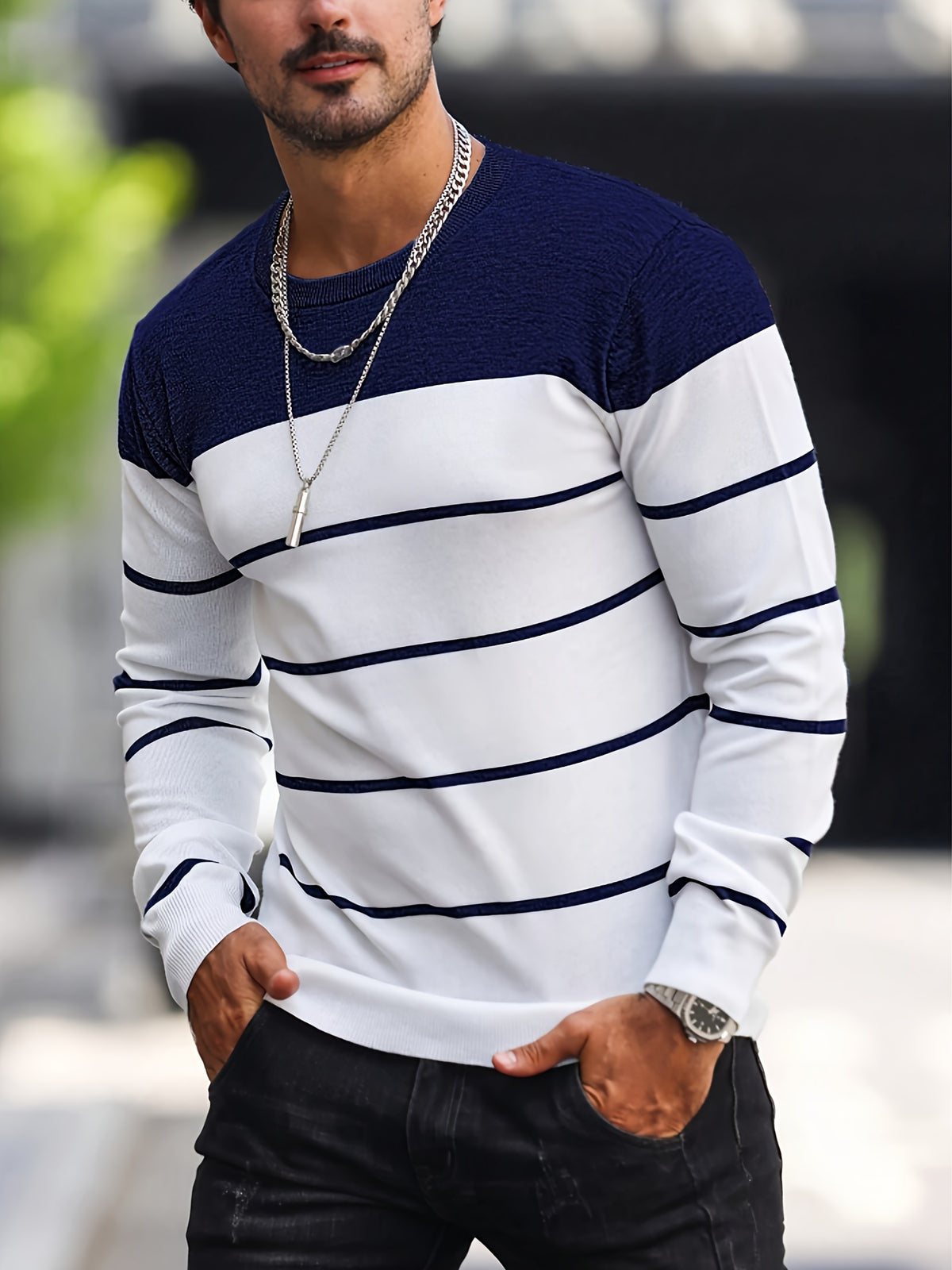 Men’s Navy Striped Knit Sweater – Casual Crew Neck Pullover