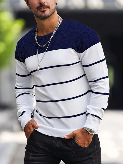 Men’s Navy Striped Knit Sweater – Casual Crew Neck Pullover