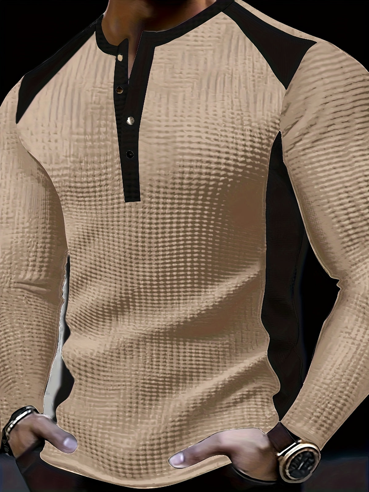 Men’s Waffle Henley Shirt – White & Black All-Season Button Top