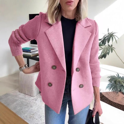 Women’s Double-Breasted Lapel Jacket – Knit Sleeve Spliced Coat