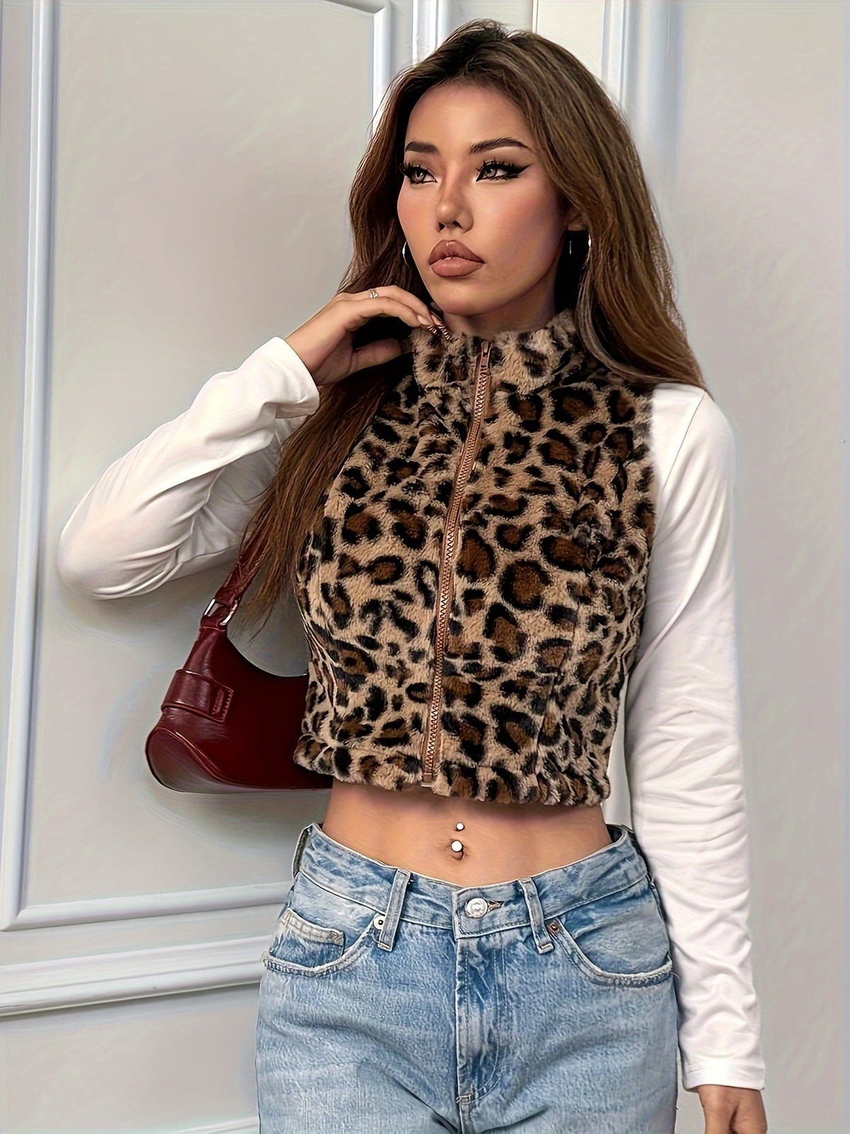 Gilet en peluche imprimé léopard pour femme – Haut d'hiver sans manches zippé