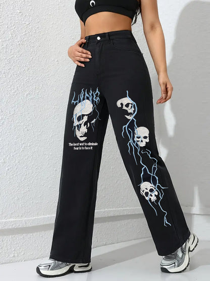 Women’s Street Style Embroidered Jeans – Loose Straight Fit Denim