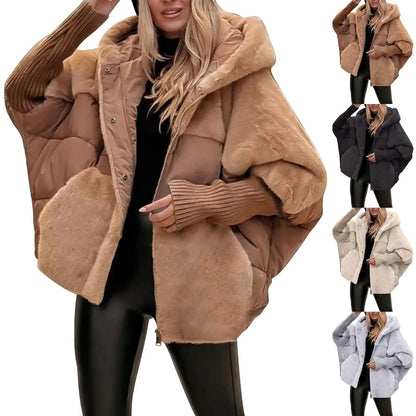 Loom & Soul™ Faux Fur Patchwork Hooded Coat – Women’s Loose Cotton Winter Jacket for Chic Comfort & Warmth